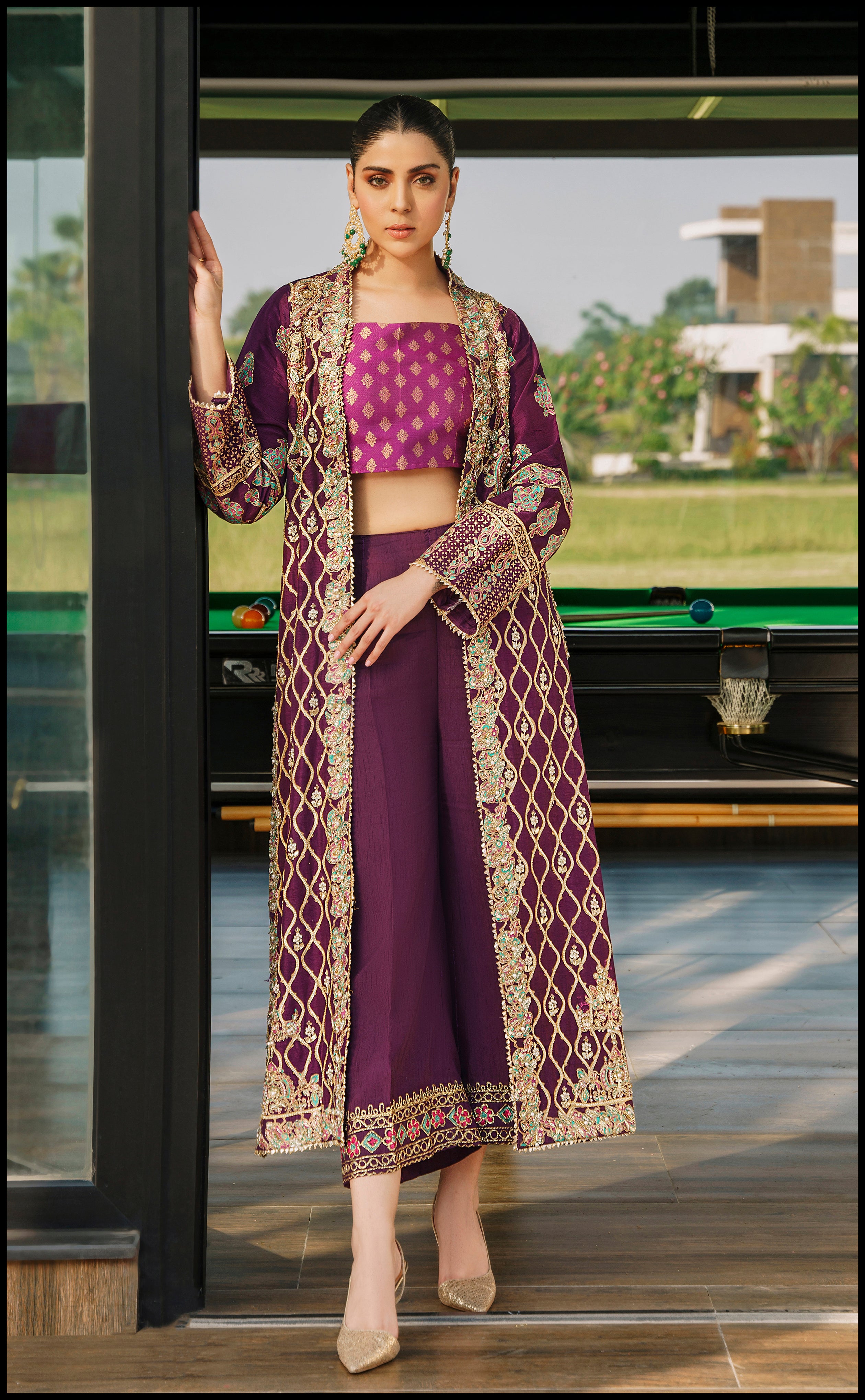 Pakistani Mahogany Naqshi Embroidered Raw Silk Jacket Set (3-Piece) - Image 2