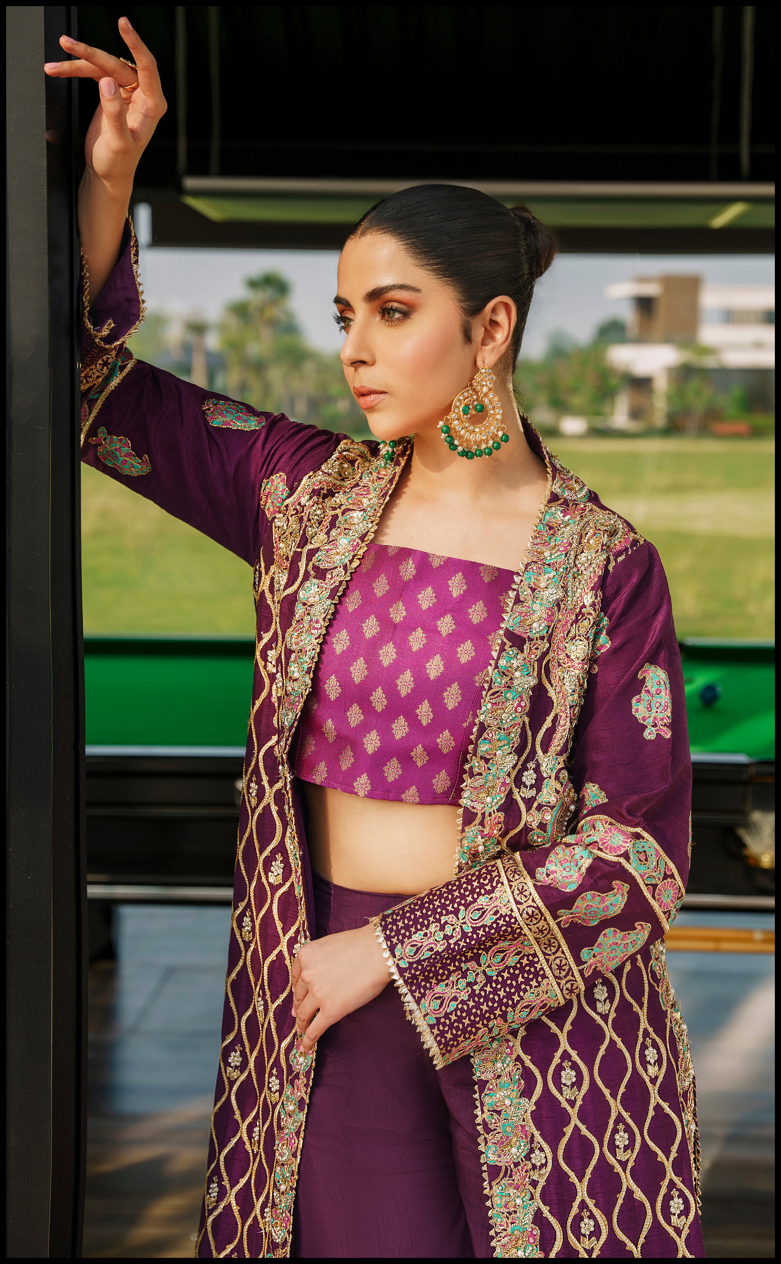 Pakistani Mahogany Naqshi Embroidered Raw Silk Jacket Set (3-Piece) - Image 4