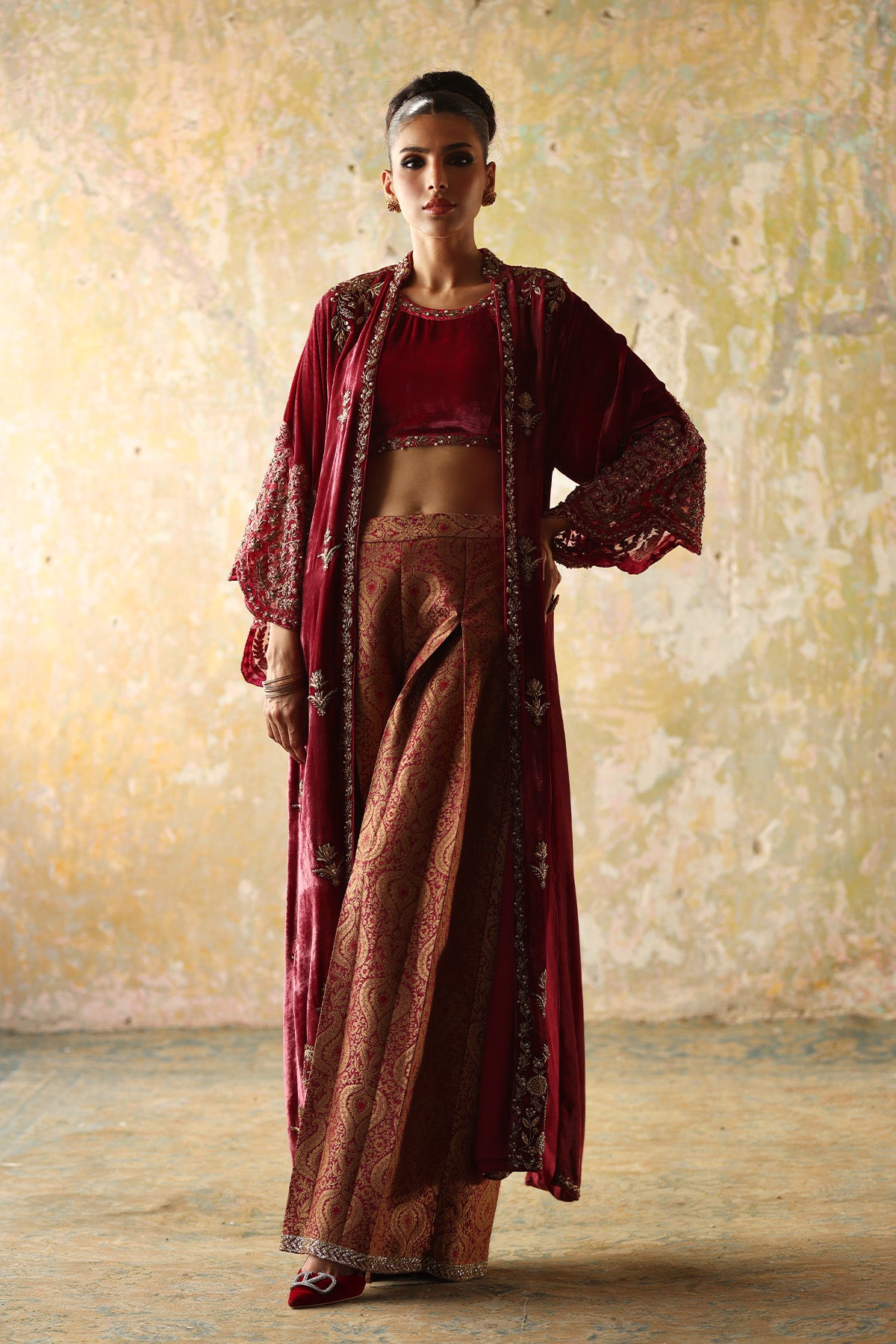Maroon Zardozi Velvet Jacket with Jamawar Pants (3-Piece) - Image 1