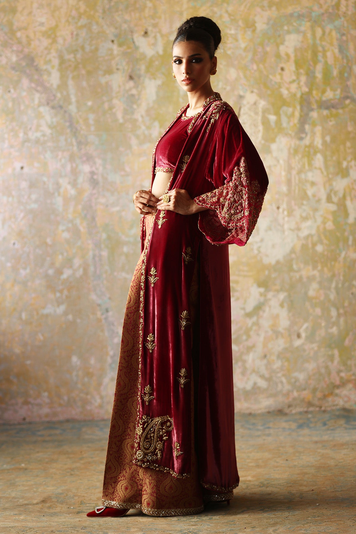Maroon Zardozi Velvet Jacket with Jamawar Pants (3-Piece) - Image 3