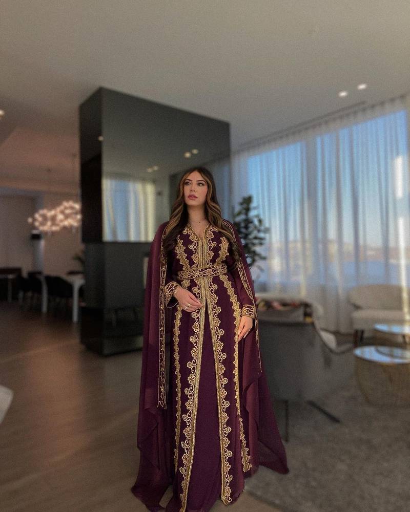 Pakistani Wine Zari & Bead Embroidered Georgette Kaftan (1-Pc) - Image 1