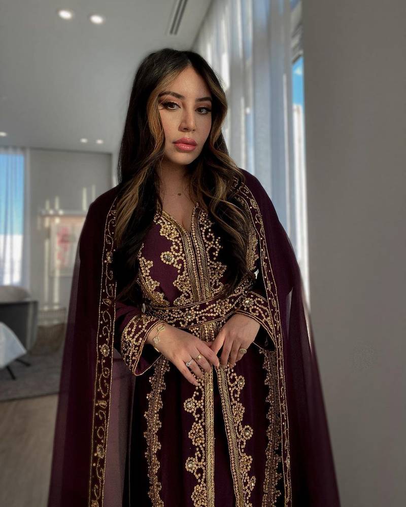 Pakistani Wine Zari & Bead Embroidered Georgette Kaftan (1-Pc) - Image 2