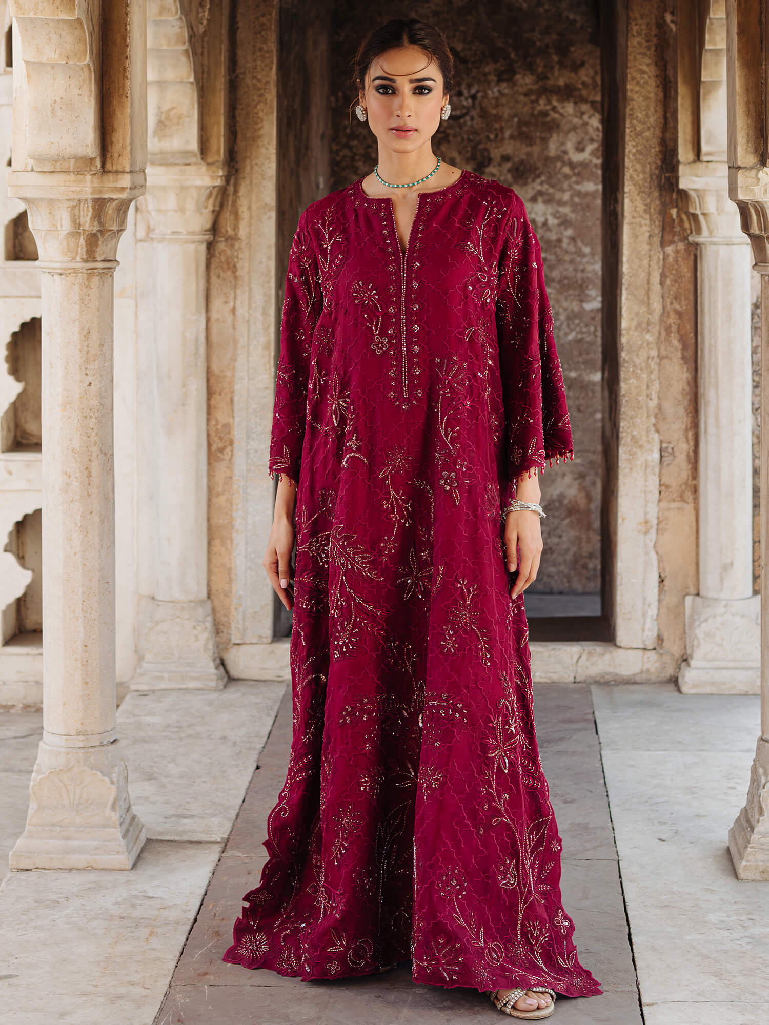 Maroon Beaded Embroidered Organza Jalabiya (1-Pc) - Image 1