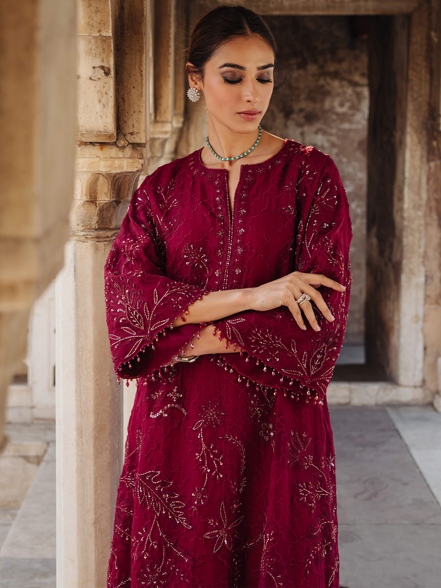 Maroon Beaded Embroidered Organza Jalabiya (1-Pc) - Image 2