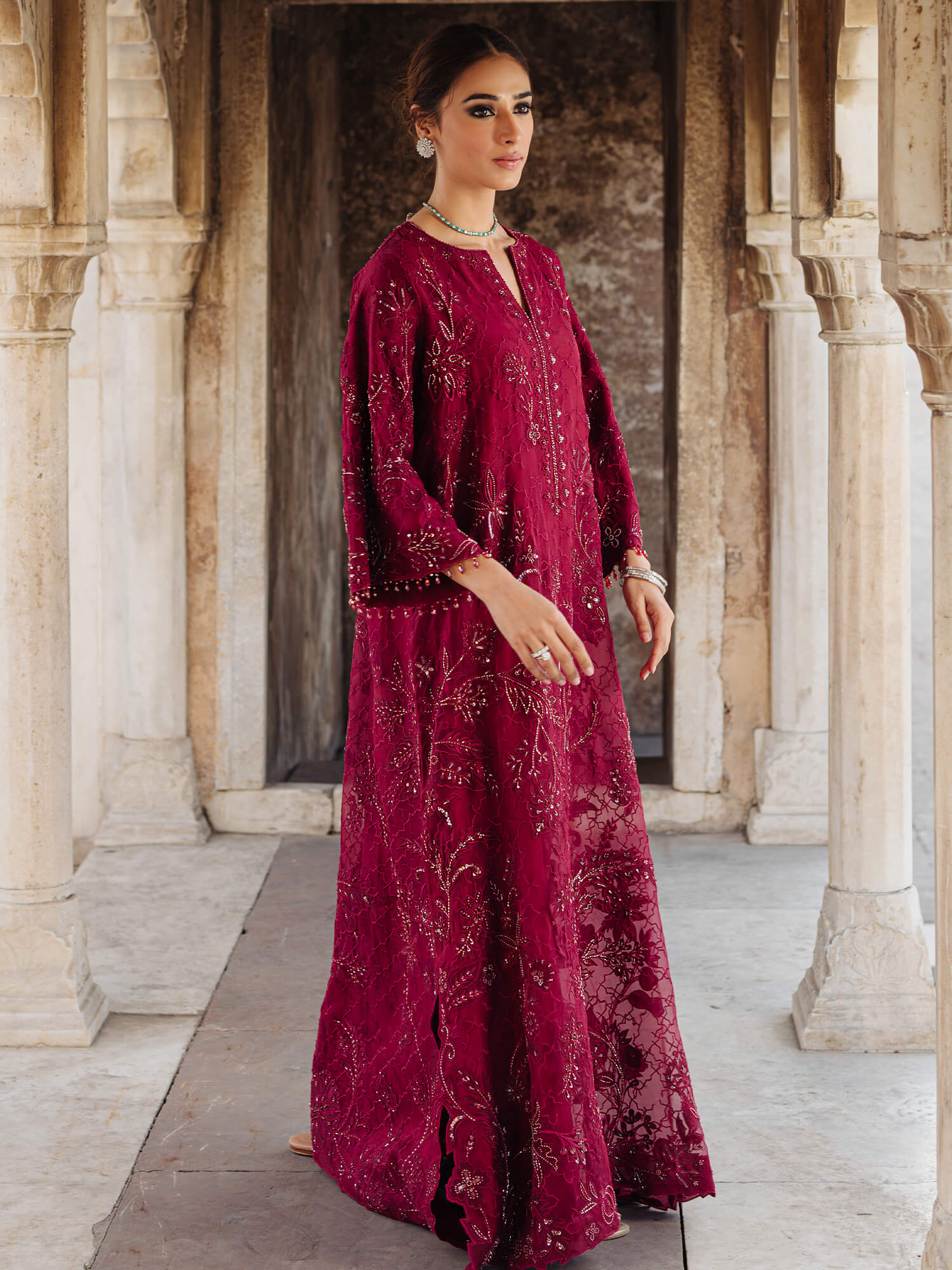 Maroon Beaded Embroidered Organza Jalabiya (1-Pc) - Image 3