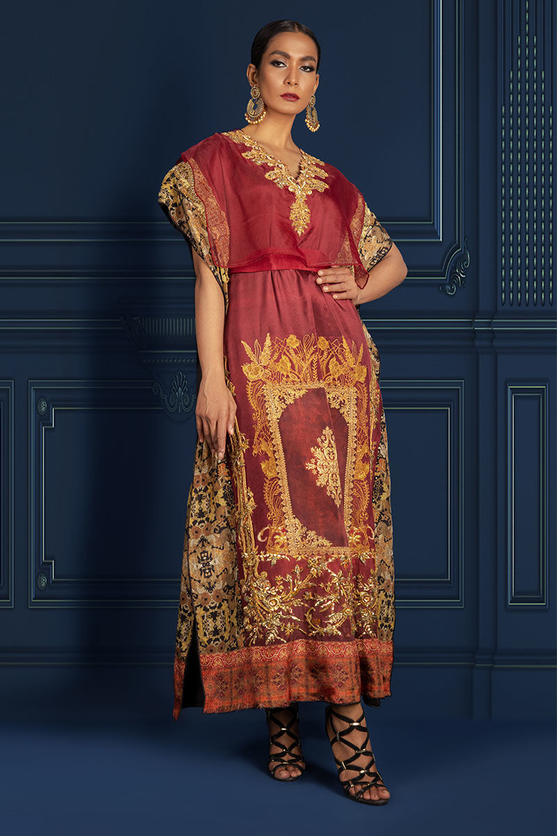 Pakistani Maroon Zardozi Silk Kaftan (2-Piece) - Image 1