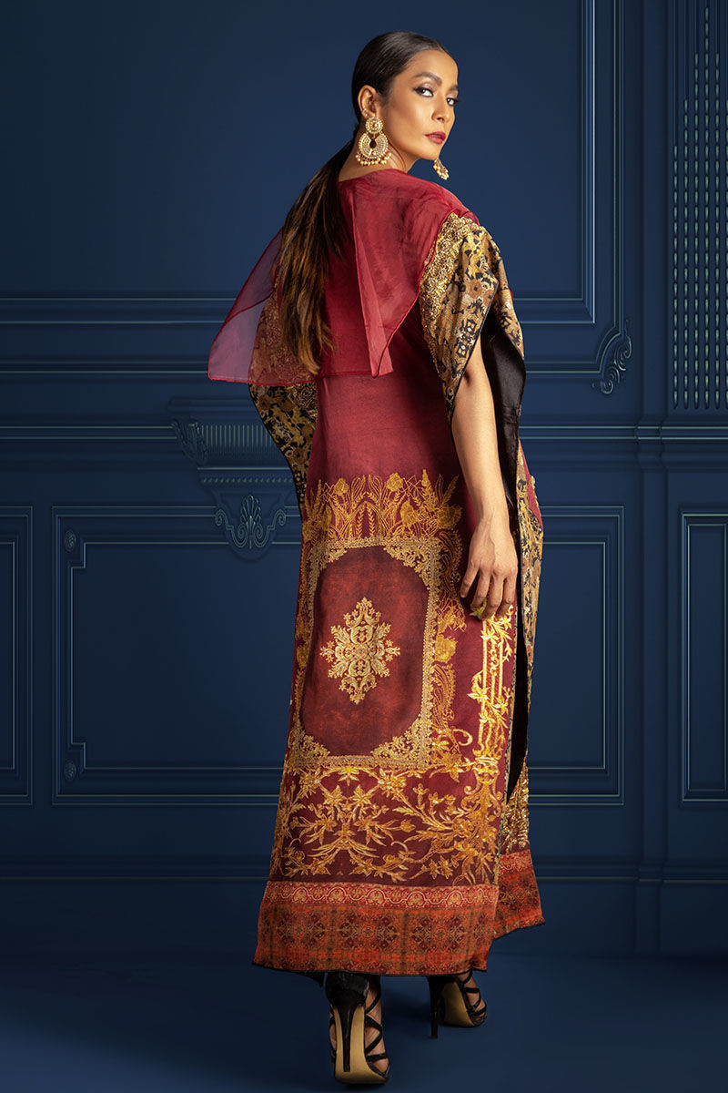 Pakistani Maroon Zardozi Silk Kaftan (2-Piece) - Image 2