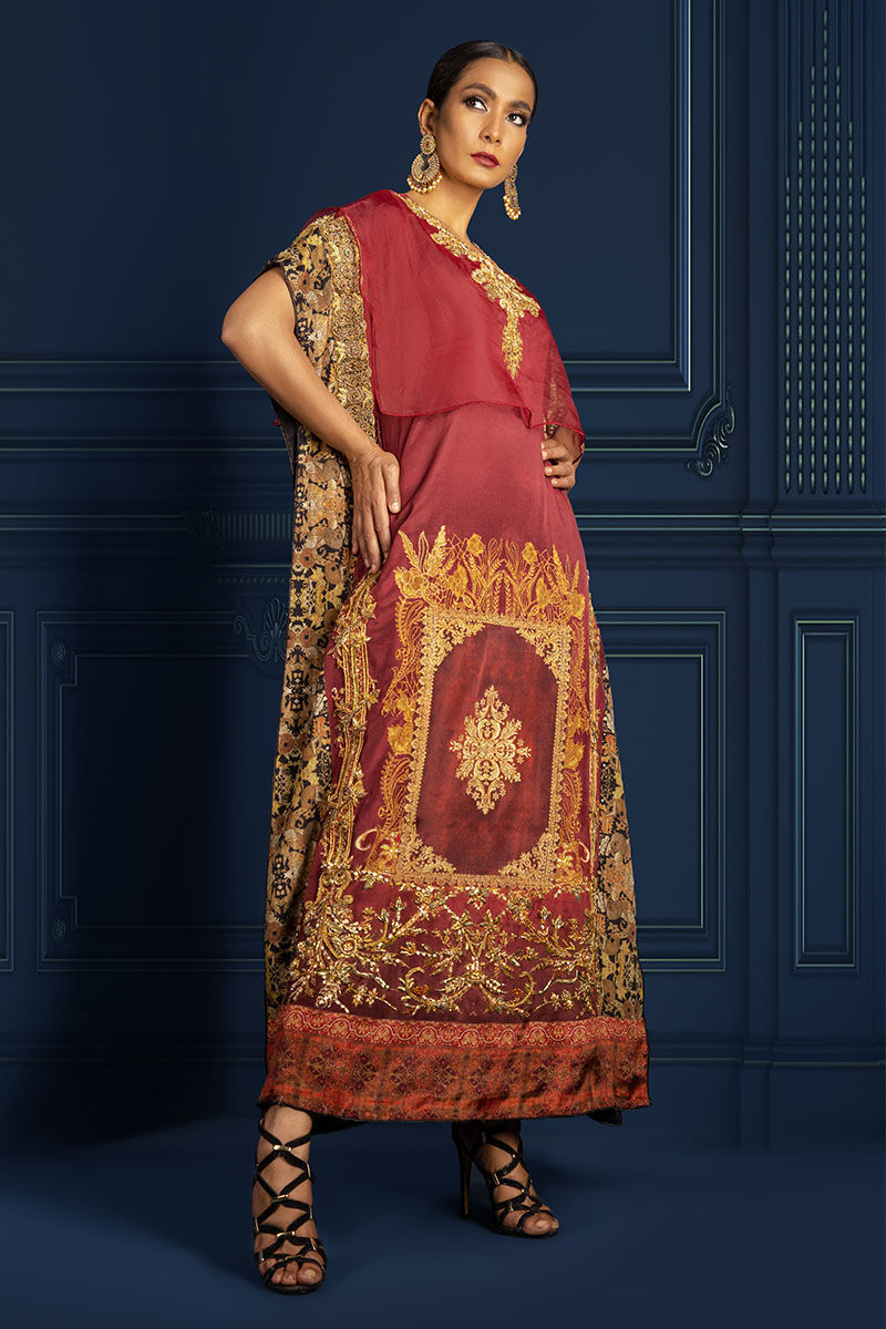 Pakistani Maroon Zardozi Silk Kaftan (2-Piece) - Image 3