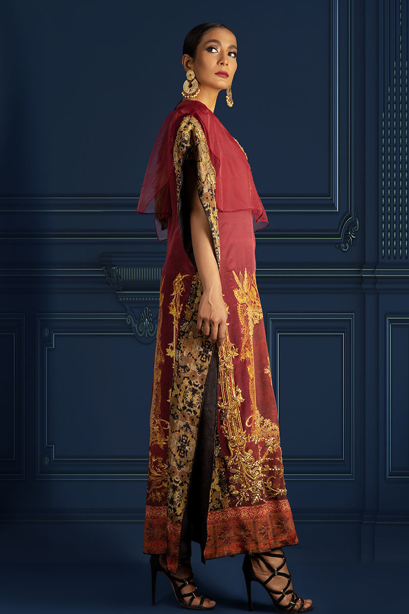 Pakistani Maroon Zardozi Silk Kaftan (2-Piece) - Image 4