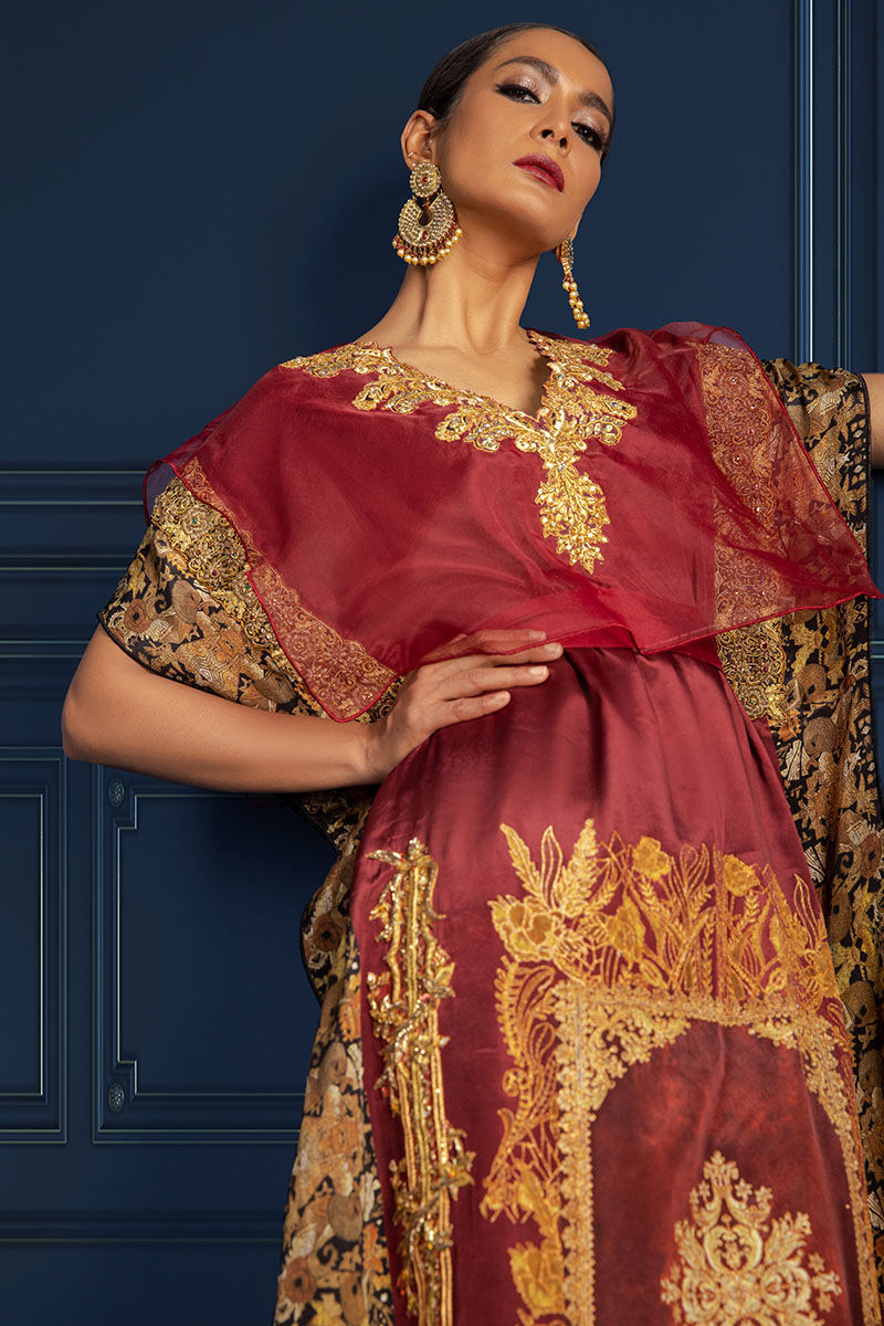 Pakistani Maroon Zardozi Silk Kaftan (2-Piece) - Image 5
