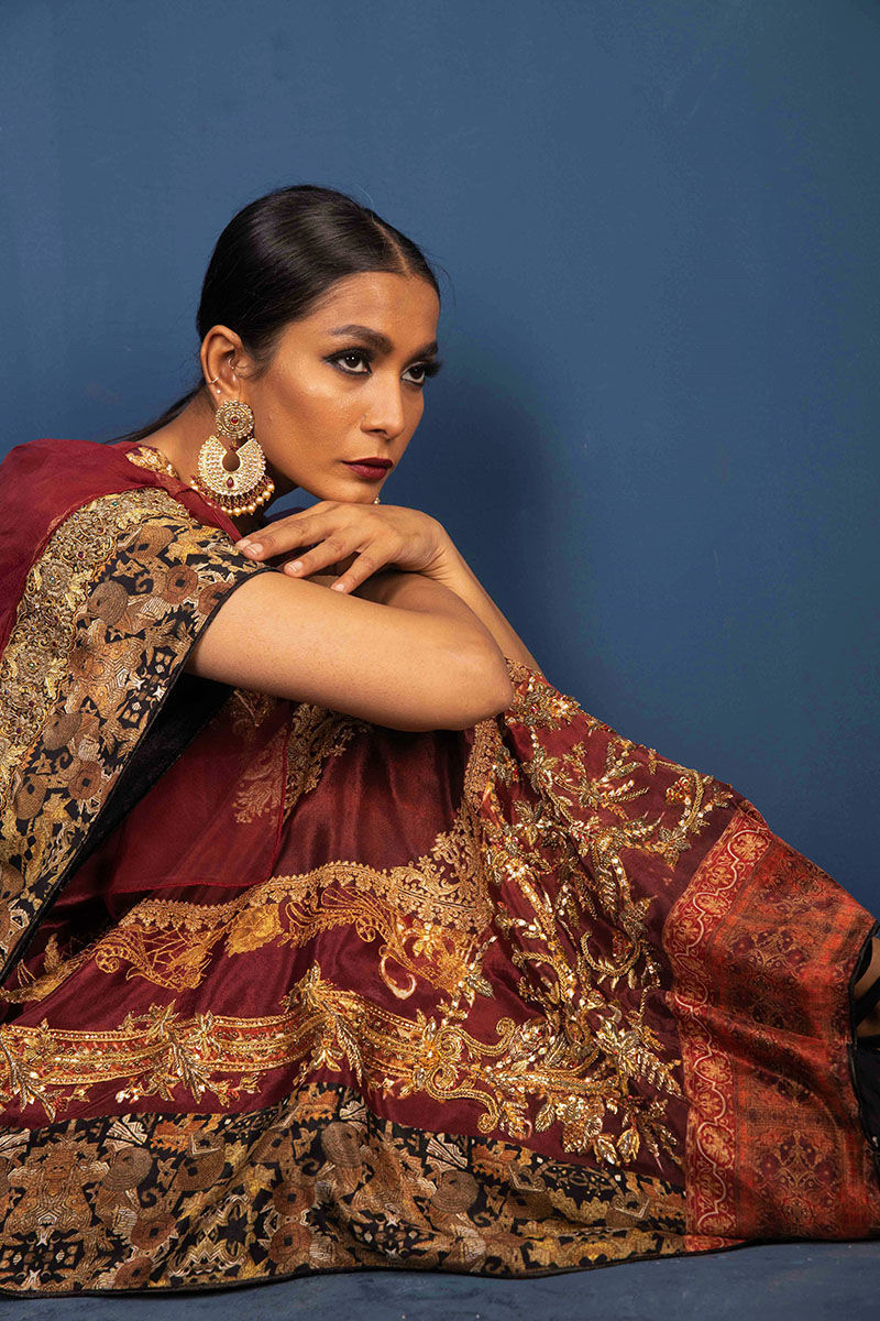 Pakistani Maroon Zardozi Silk Kaftan (2-Piece) - Image 6