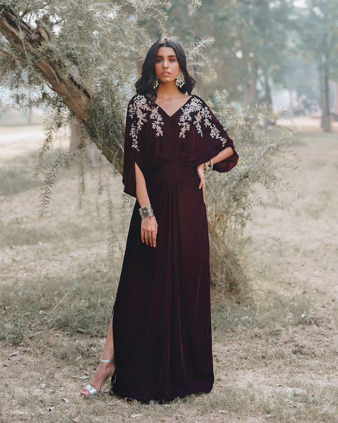 Deep Maroon Embroidered Velvet Kaftan (1-Pc) - Image 1