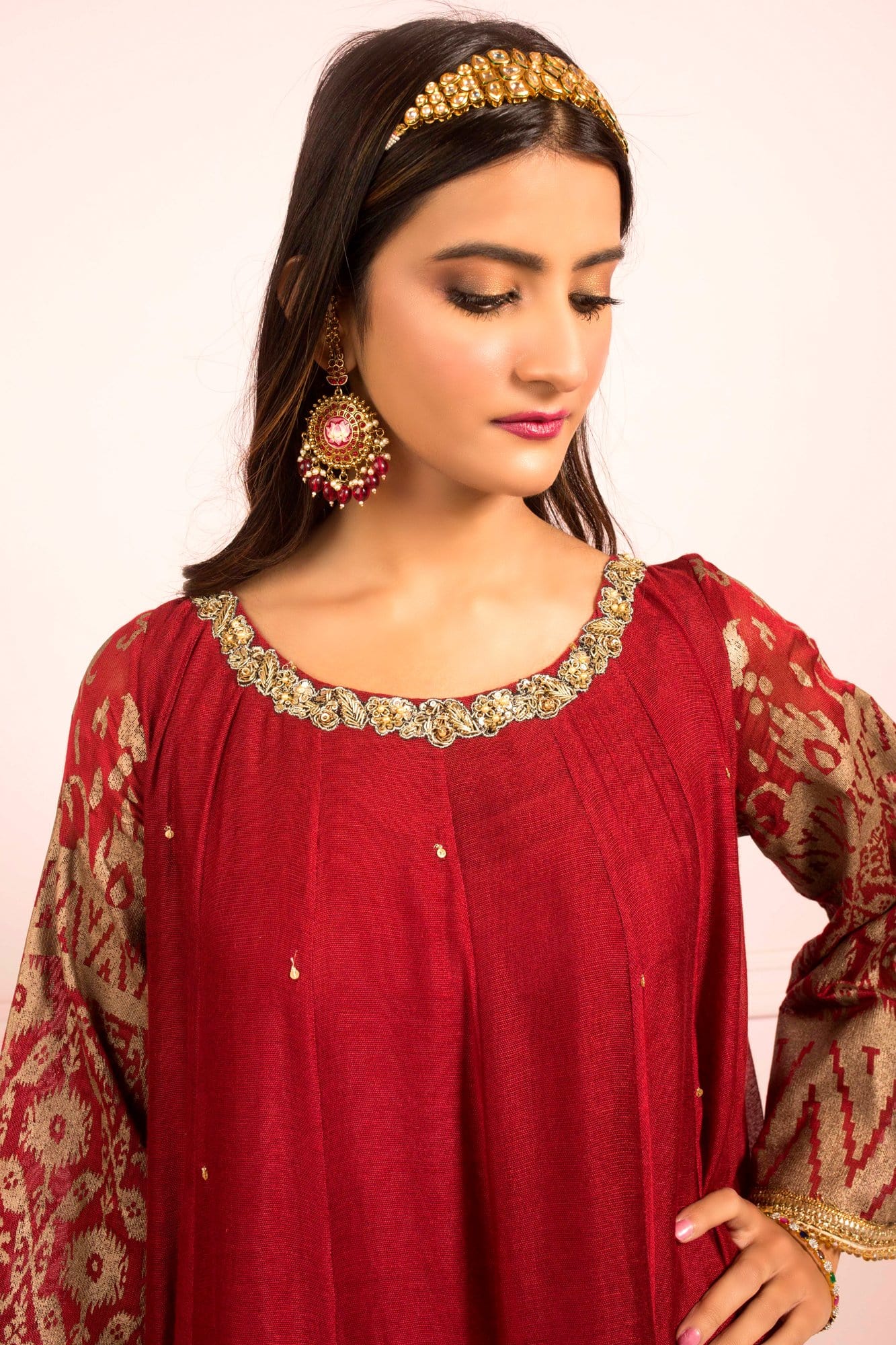 Deep Maroon Embroidered Khaddi Net Kalidaar Kurti (3-Piece) - Image 1