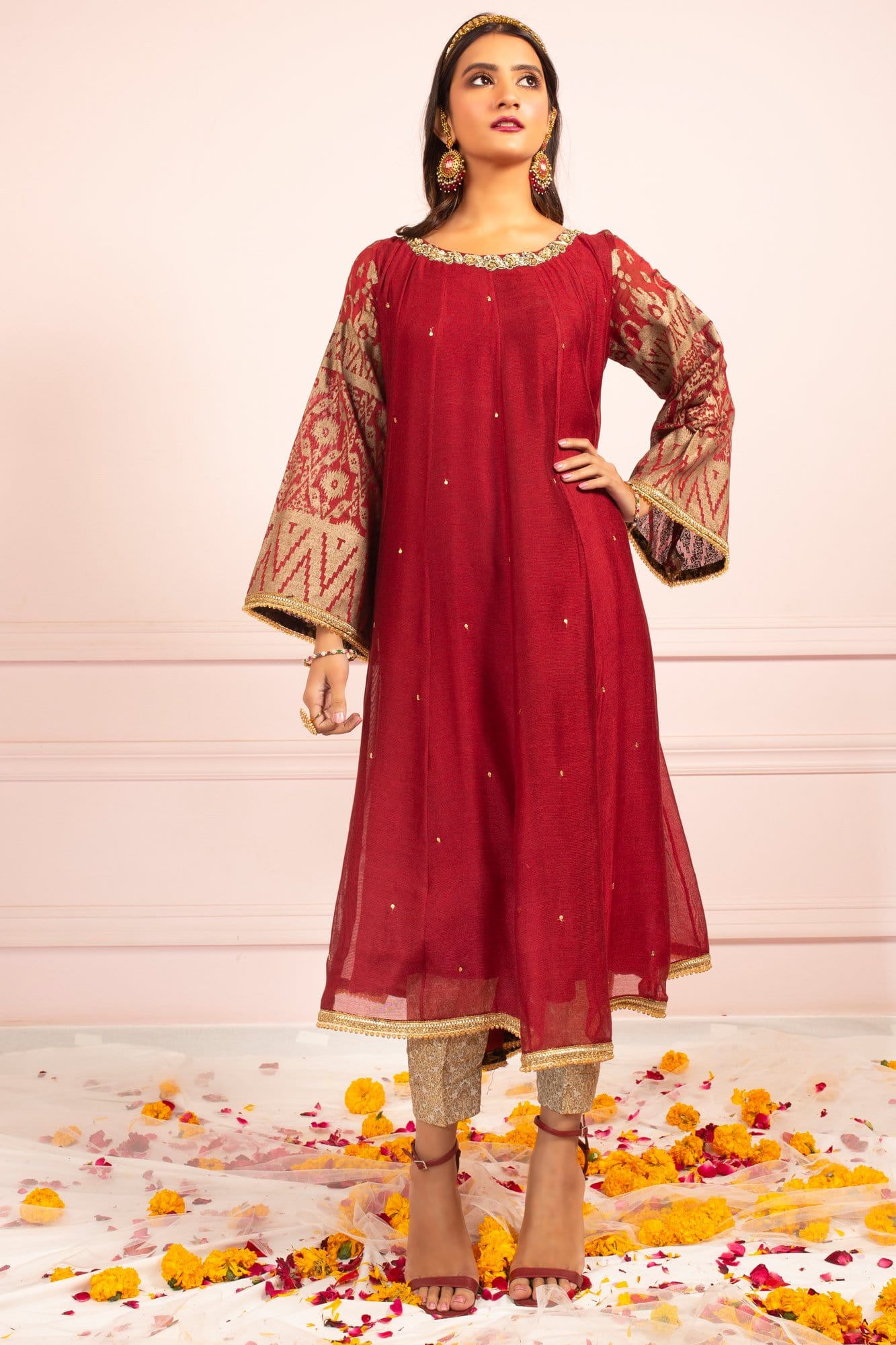 Deep Maroon Embroidered Khaddi Net Kalidaar Kurti (3-Piece) - Image 2