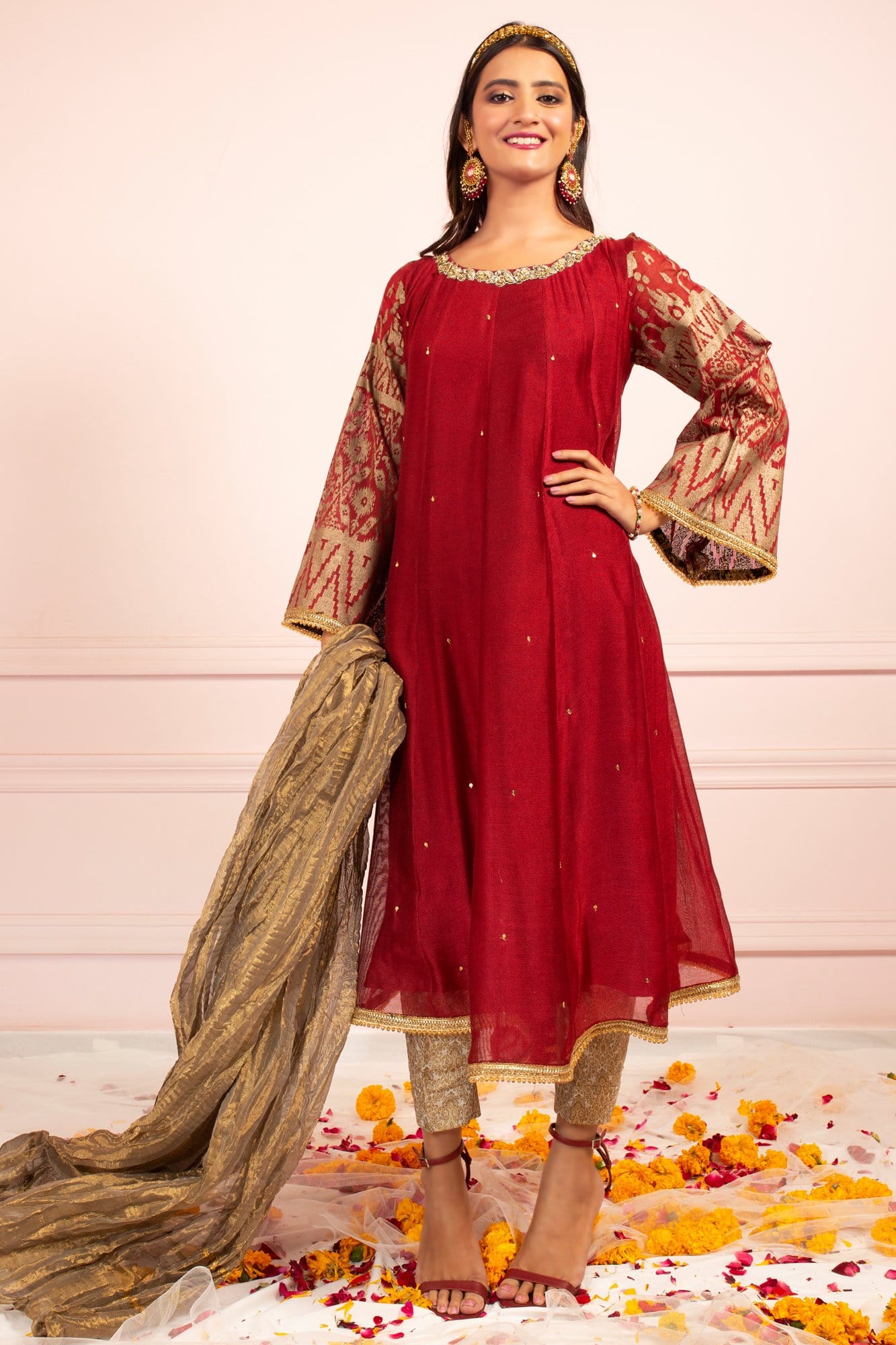 Deep Maroon Embroidered Khaddi Net Kalidaar Kurti (3-Piece) - Image 3