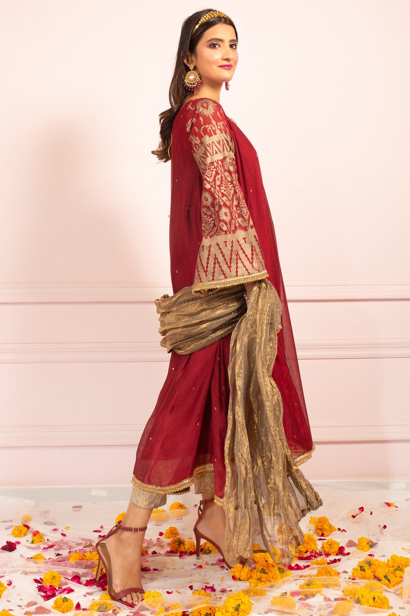 Deep Maroon Embroidered Khaddi Net Kalidaar Kurti (3-Piece) - Image 4