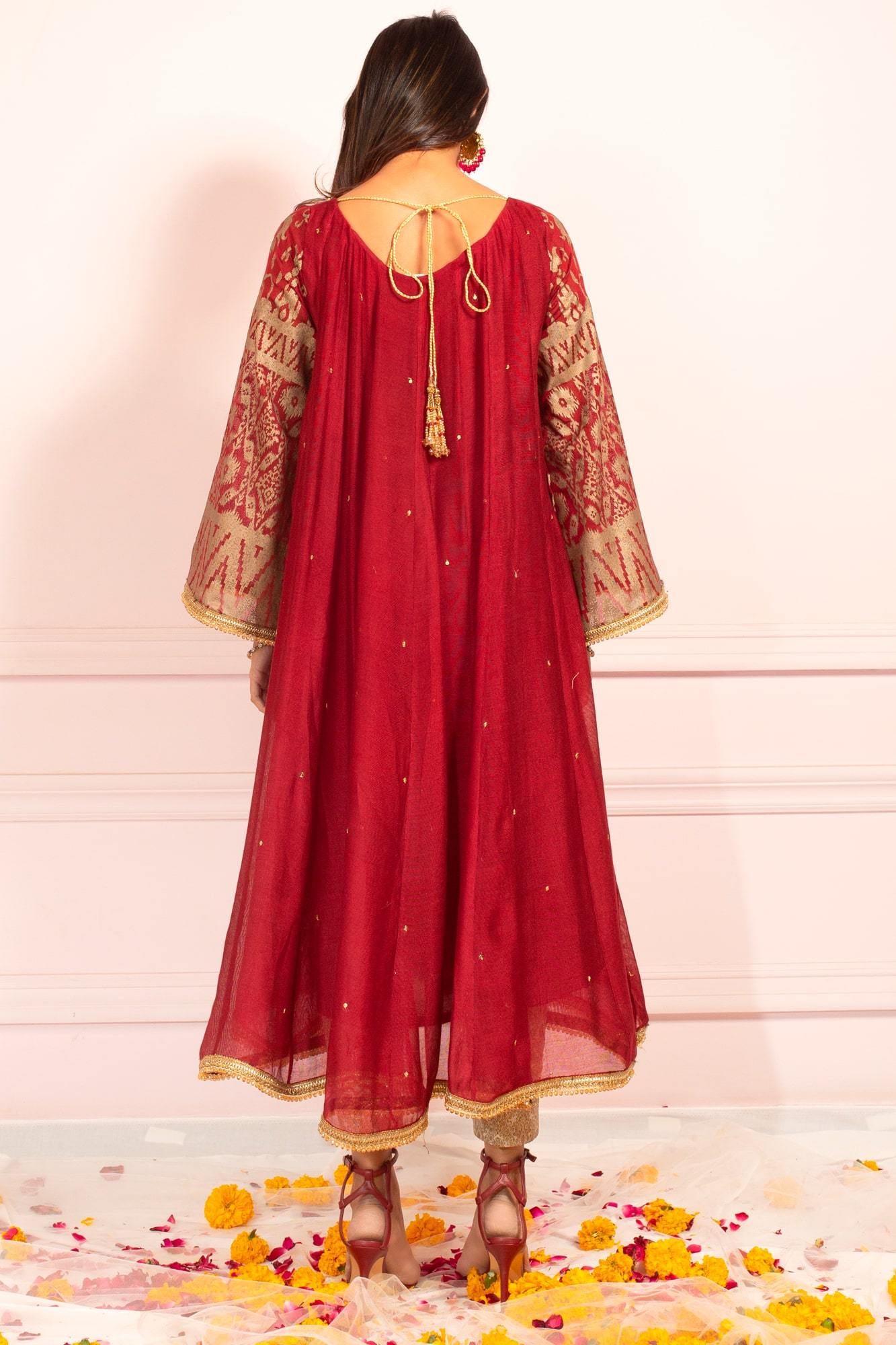 Deep Maroon Embroidered Khaddi Net Kalidaar Kurti (3-Piece) - Image 6