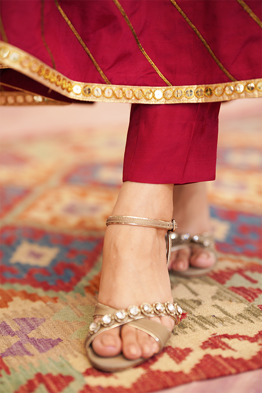 Pakistani Maroon Embroidered PK Raw Silk Kalidaar (3-Piece) - Image 1