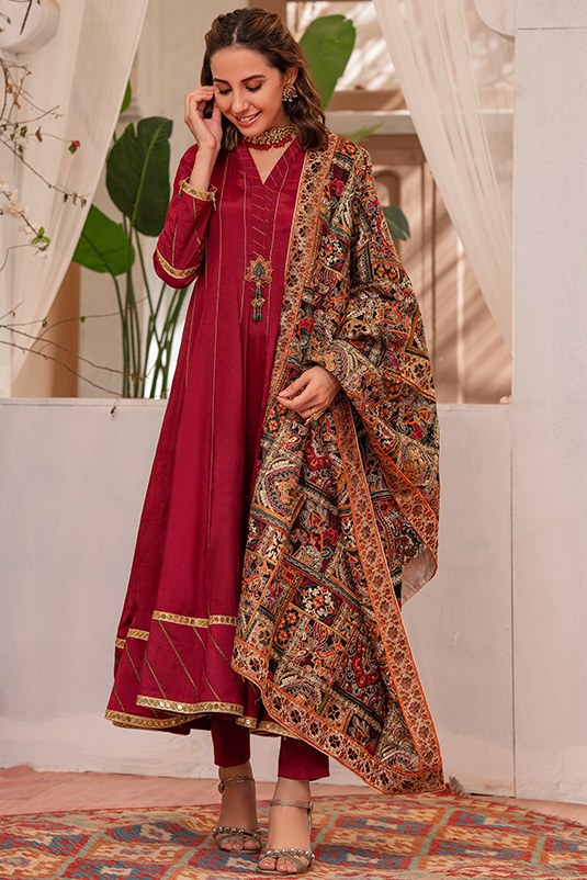 Pakistani Maroon Embroidered PK Raw Silk Kalidaar (3-Piece) - Image 2