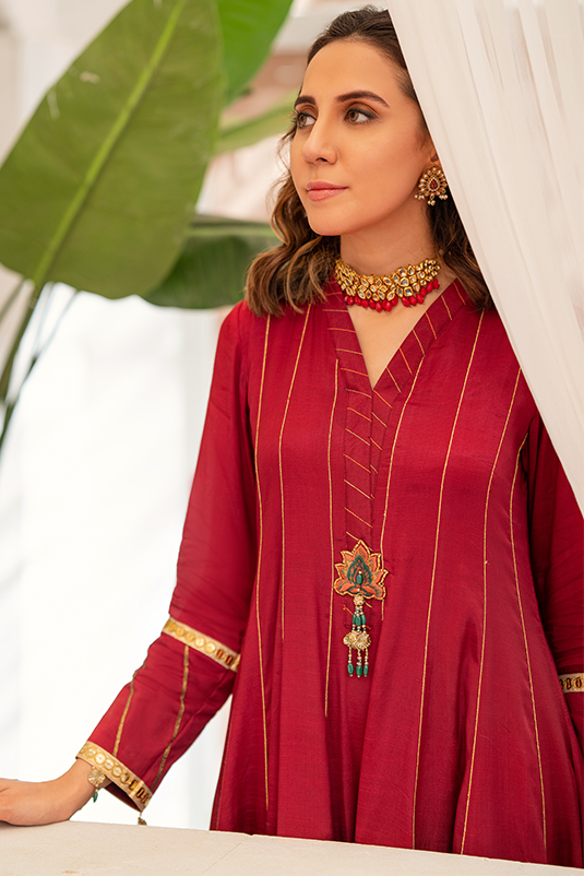 Pakistani Maroon Embroidered PK Raw Silk Kalidaar (3-Piece) - Image 3