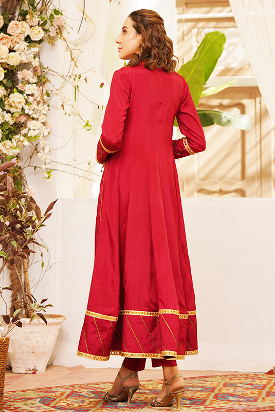 Pakistani Maroon Embroidered PK Raw Silk Kalidaar (3-Piece) - Image 4
