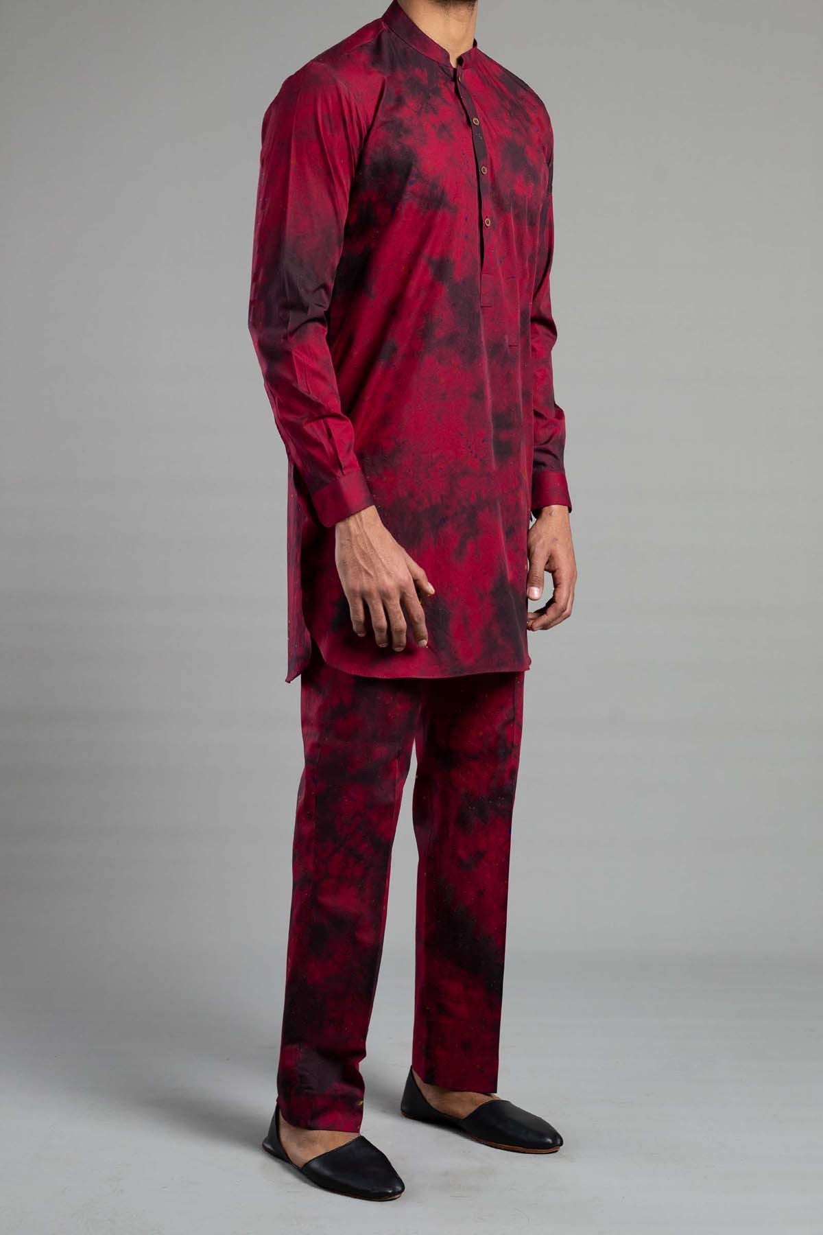 Maroon Tie-Dye Cotton Linen Kurta Trouser (2-Piece) - Image 1