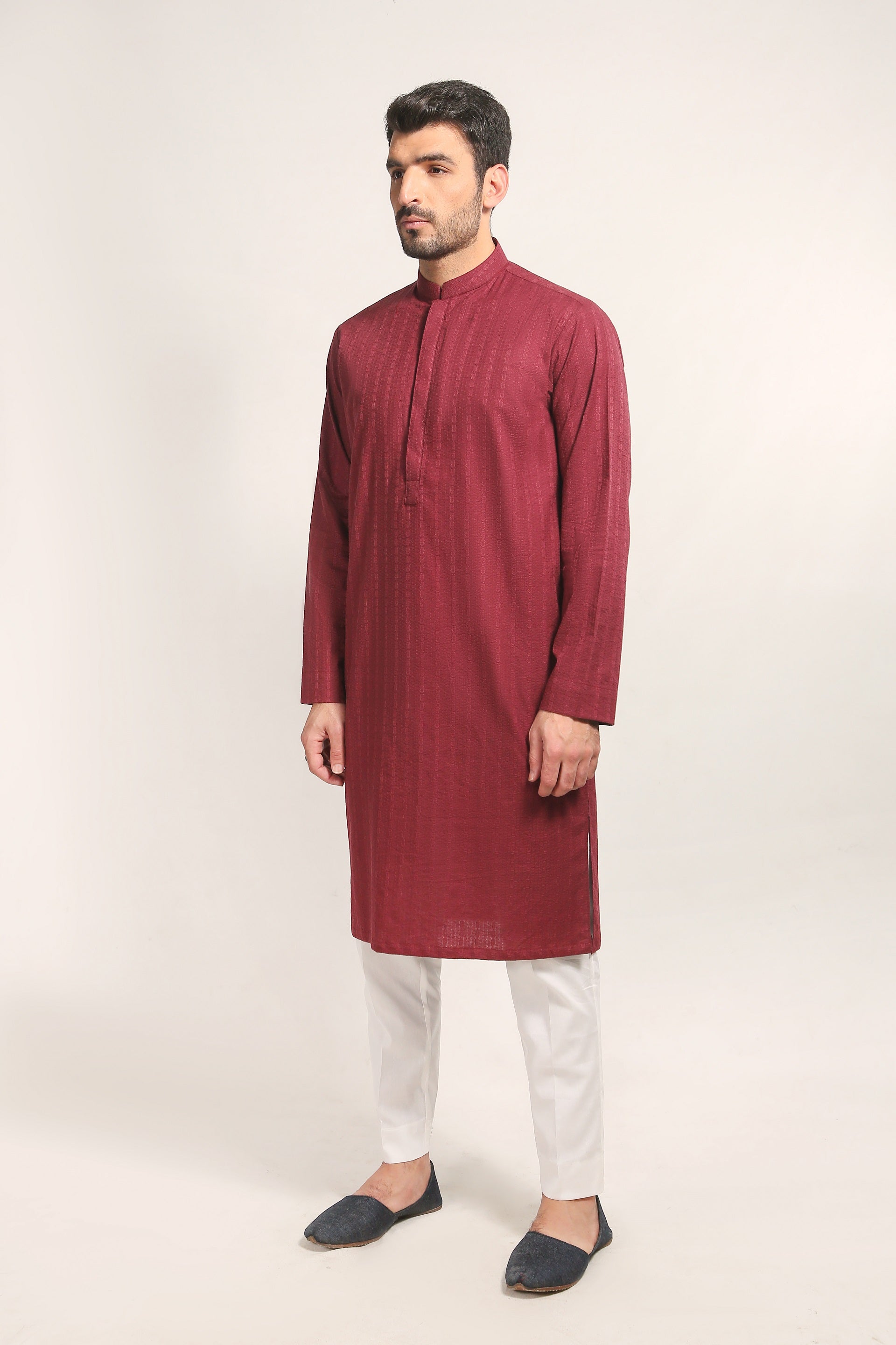Maroon Schiffli Embroidered Cotton Kurta (2-Piece) - Image 1