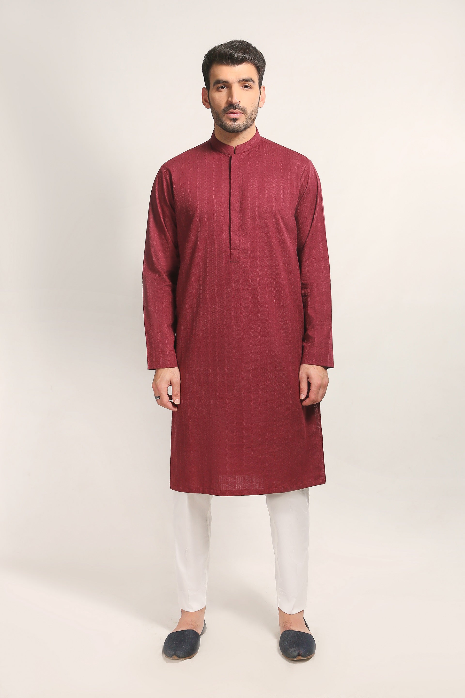 Maroon Schiffli Embroidered Cotton Kurta (2-Piece) - Image 2