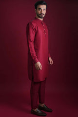 Deep Maroon Cotton-Silk Kurta Pajama (2-Piece) - Image 3