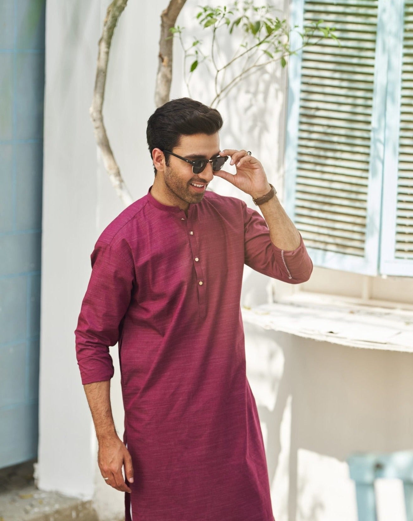 Wine Textured Cotton Kurta Trouser Set (2-Piece) - Image 1