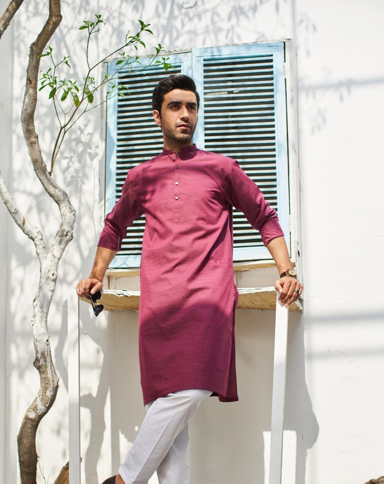 Wine Textured Cotton Kurta Trouser Set (2-Piece) - Image 2