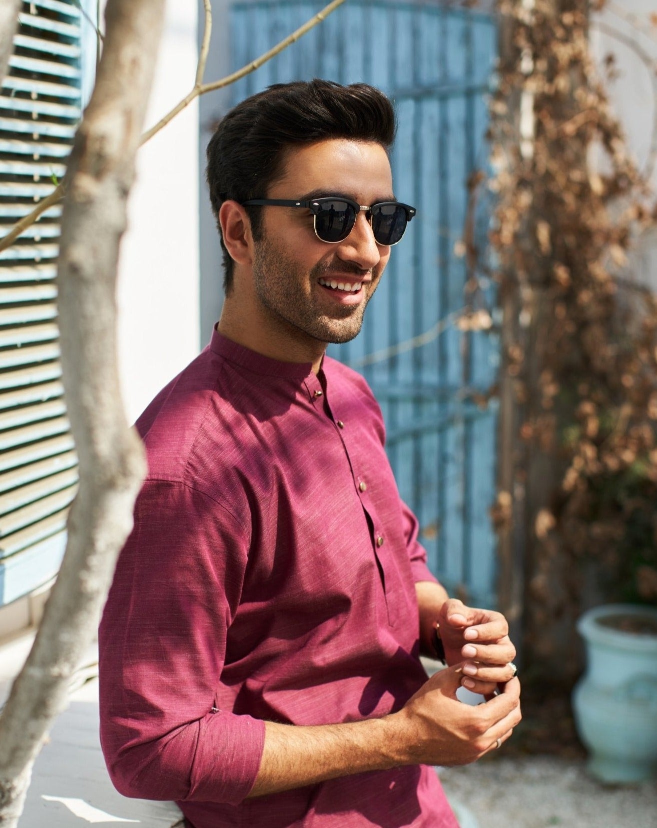 Wine Textured Cotton Kurta Trouser Set (2-Piece) - Image 3