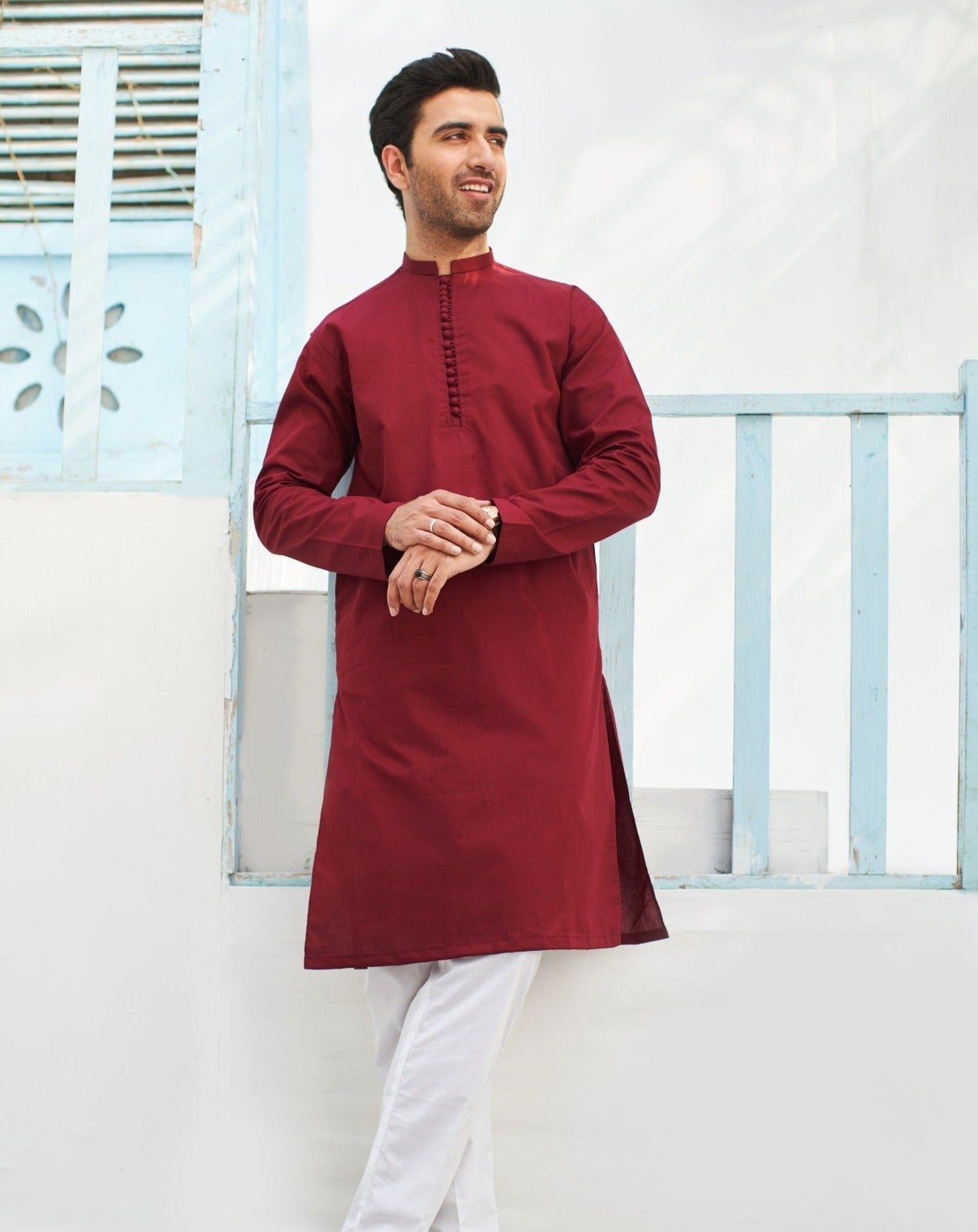 Maroon Cotton Kurta Trouser Set (2-Piece) - Image 4