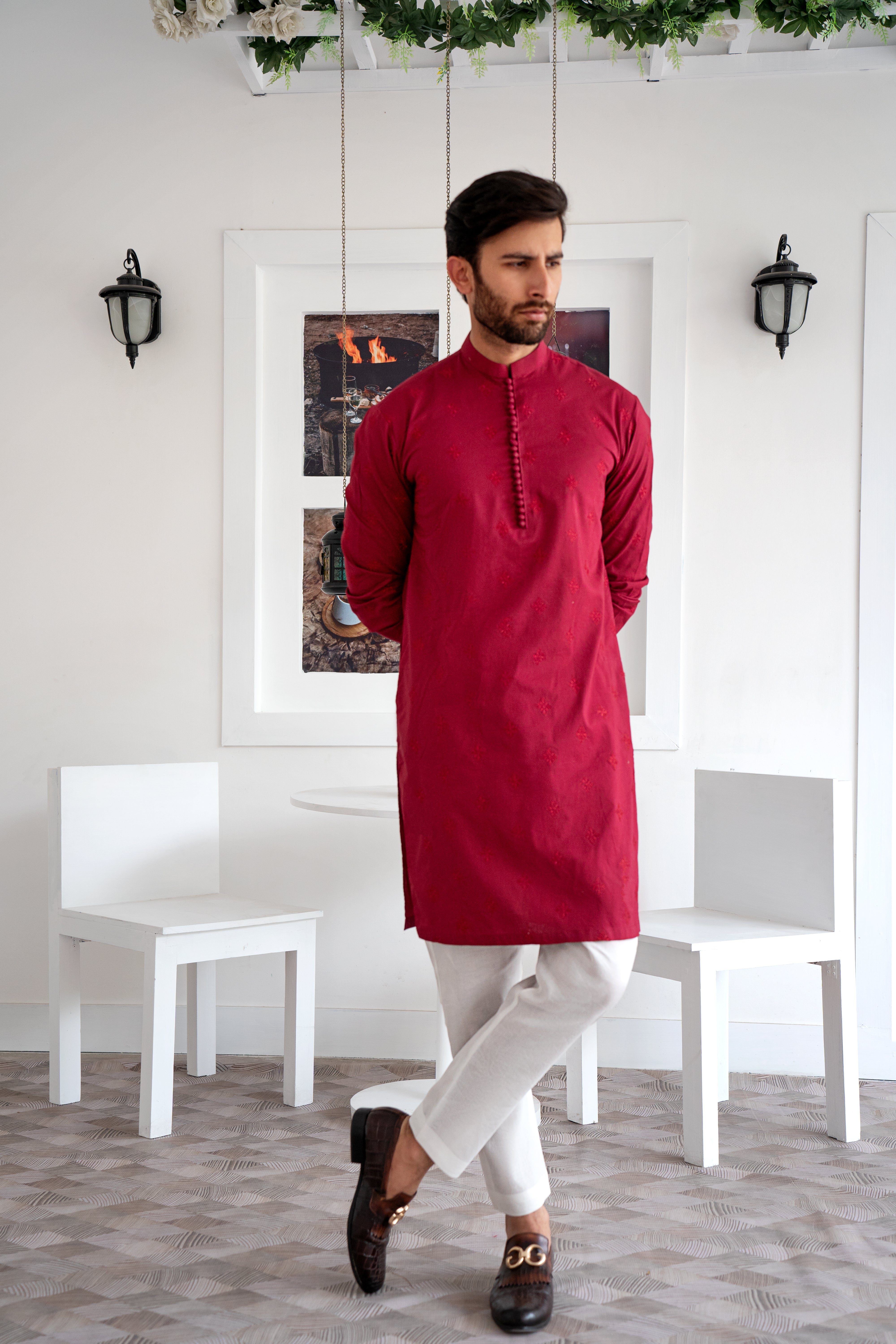 Rich Maroon Embroidered Cotton Kurta Pajama (2-Piece) - Image 1
