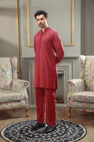 Maroon Loop Button Cotton-Viscose Kurta Trouser (2-Piece) - Image 2