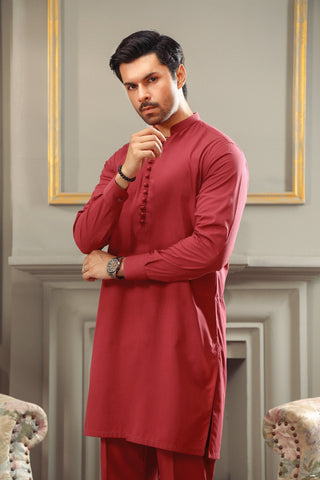 Maroon Loop Button Cotton-Viscose Kurta Trouser (2-Piece) - Image 3