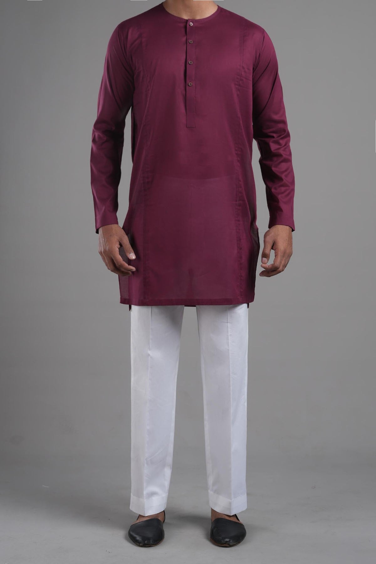 Maroon Topstitched Egyptian Cotton Kurta (2-Piece) - Image 2