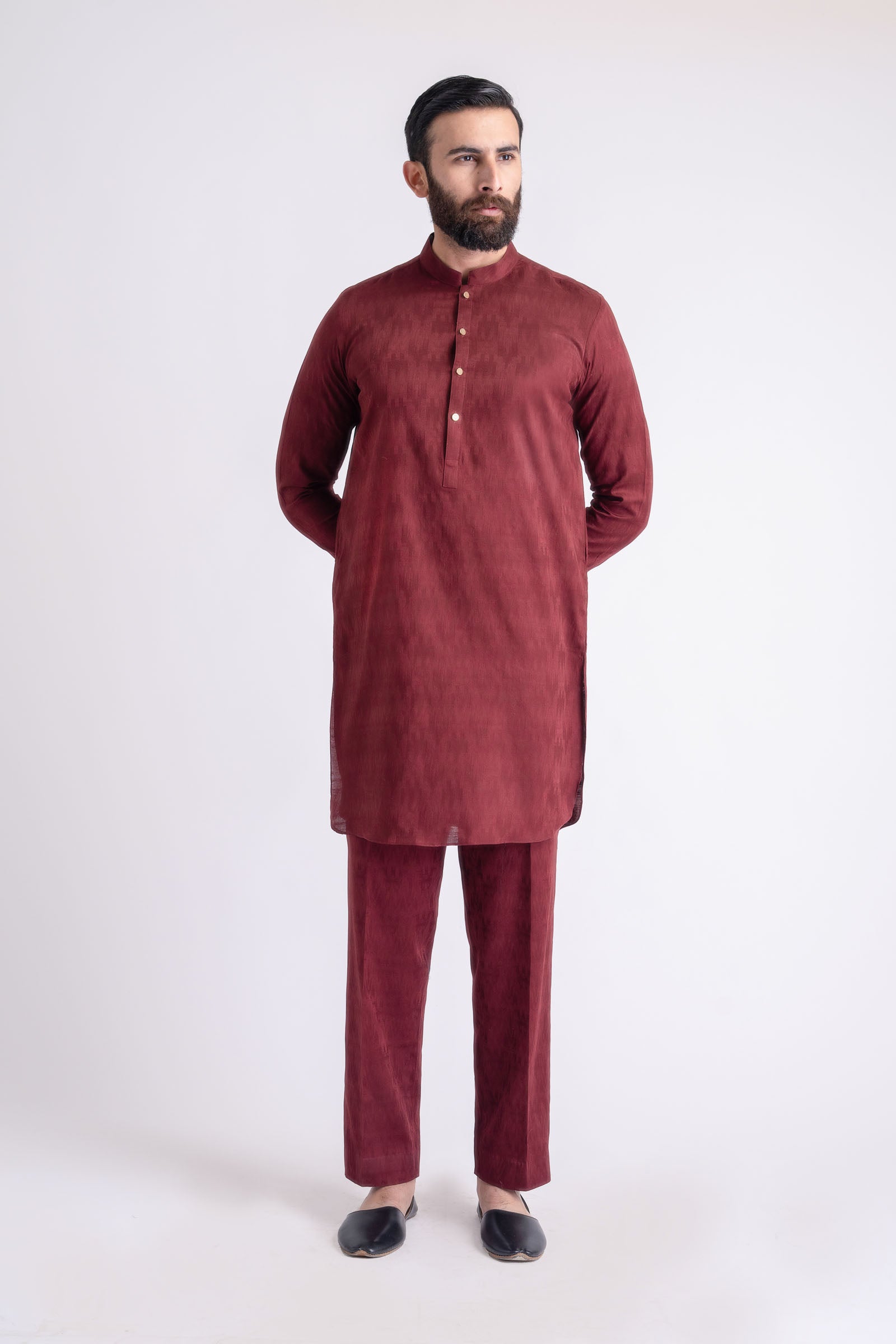 Maroon Jacquard Cotton Kurta Pajama (2-Piece) - Image 2