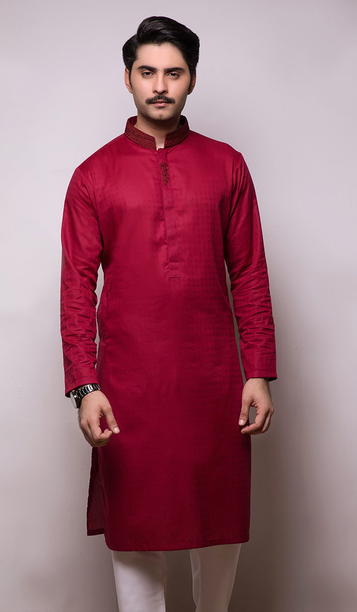 Burgundy Jacquard Kurta with Collar Detailing (2-Piece) - Image 1