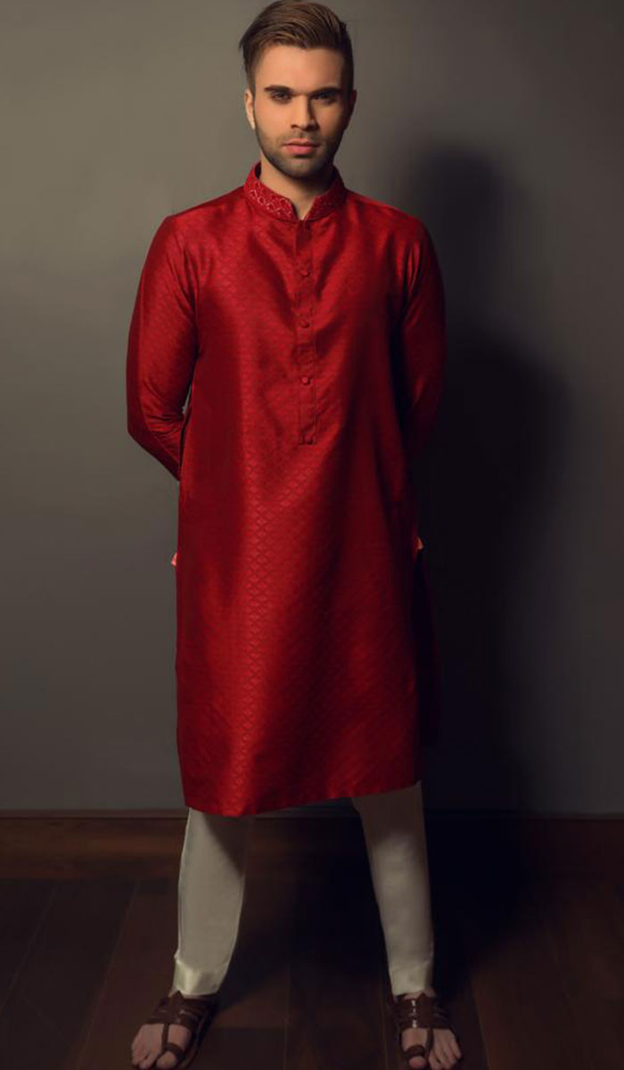 Scarlet Maroon Jacquard Karandi Kurta (2-Piece) - Image 1