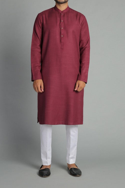 Maroon Khaddar Band Collar Kurta (2-Piece) - Image 1