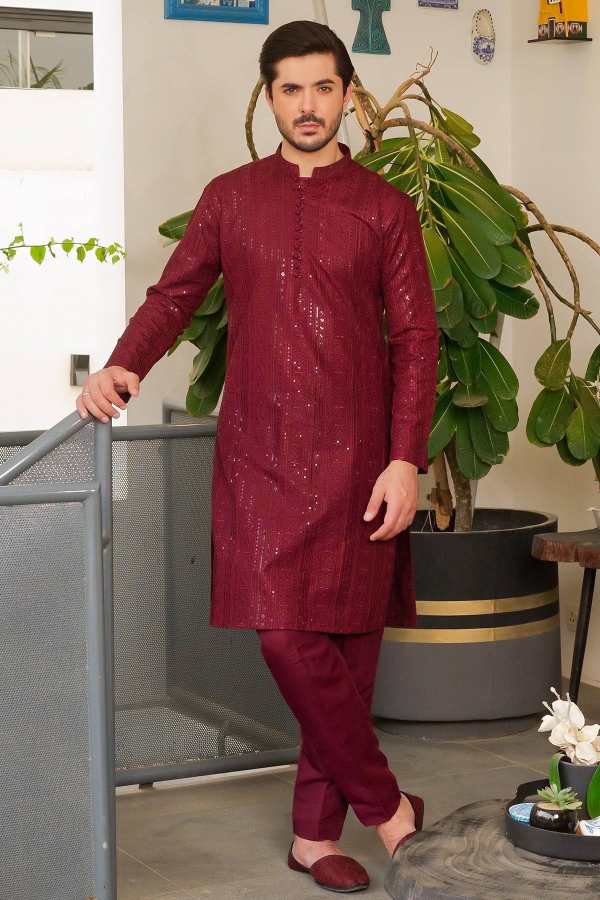Maroon Sequin Masoori Kurta Pajama (2-Piece) - Image 1
