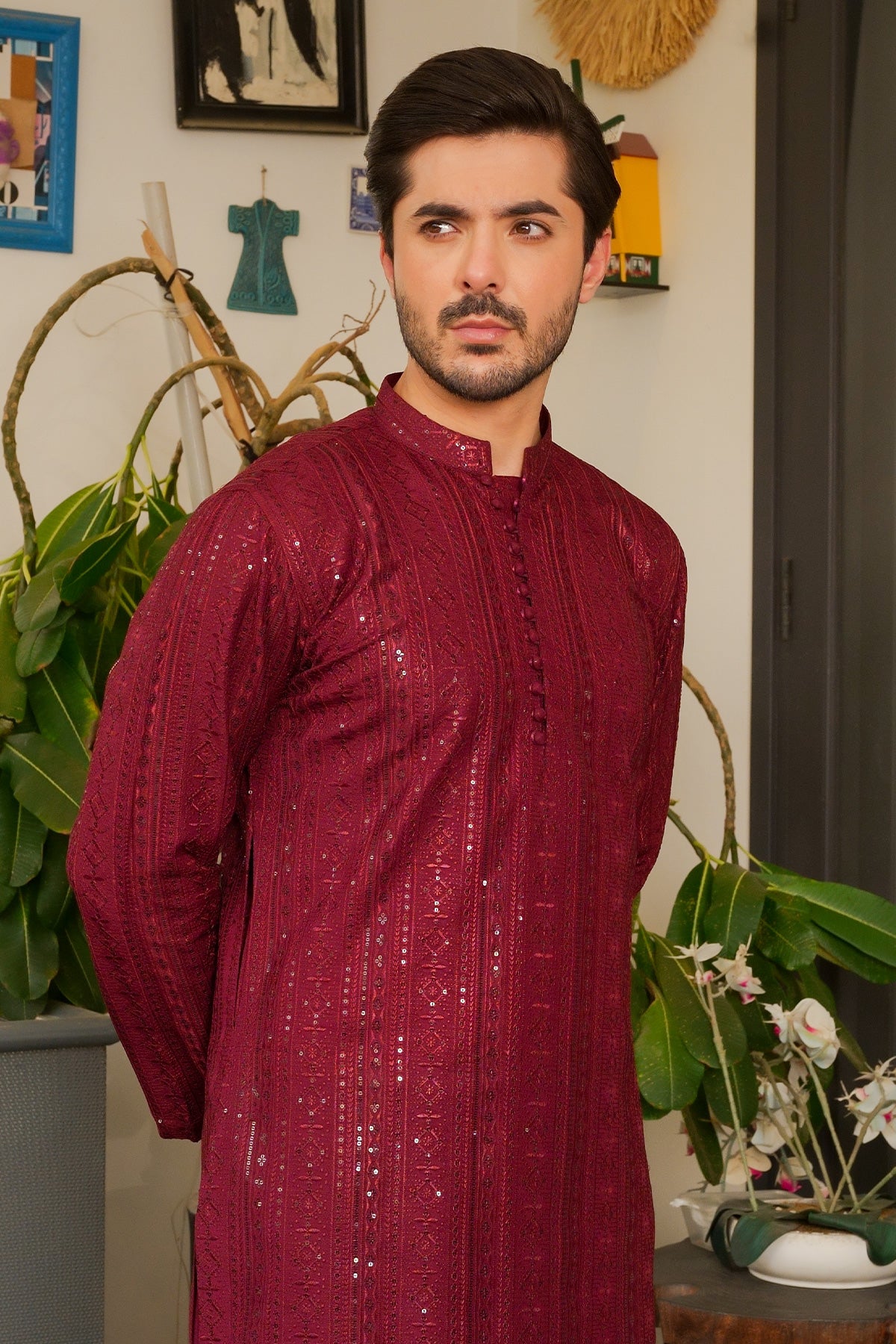 Maroon Sequin Masoori Kurta Pajama (2-Piece) - Image 2