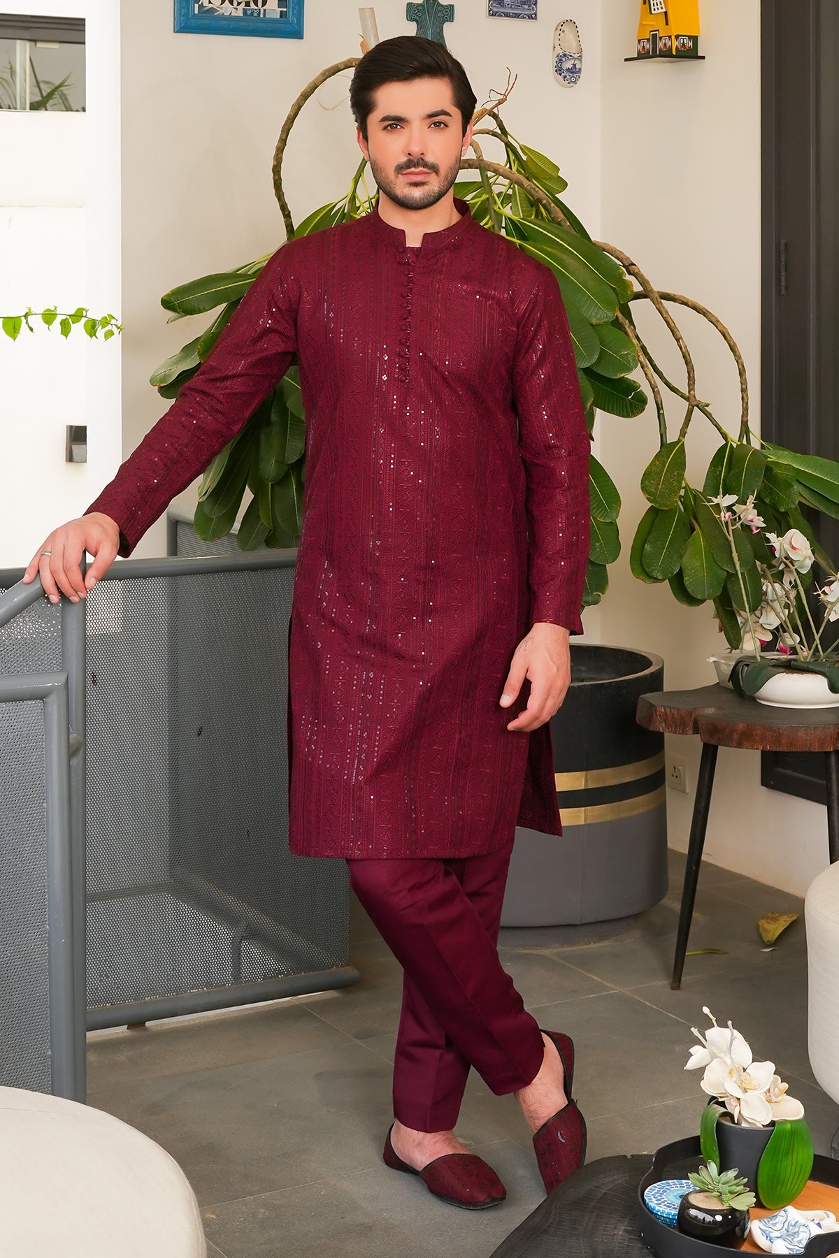 Maroon Sequin Masoori Kurta Pajama (2-Piece) - Image 3