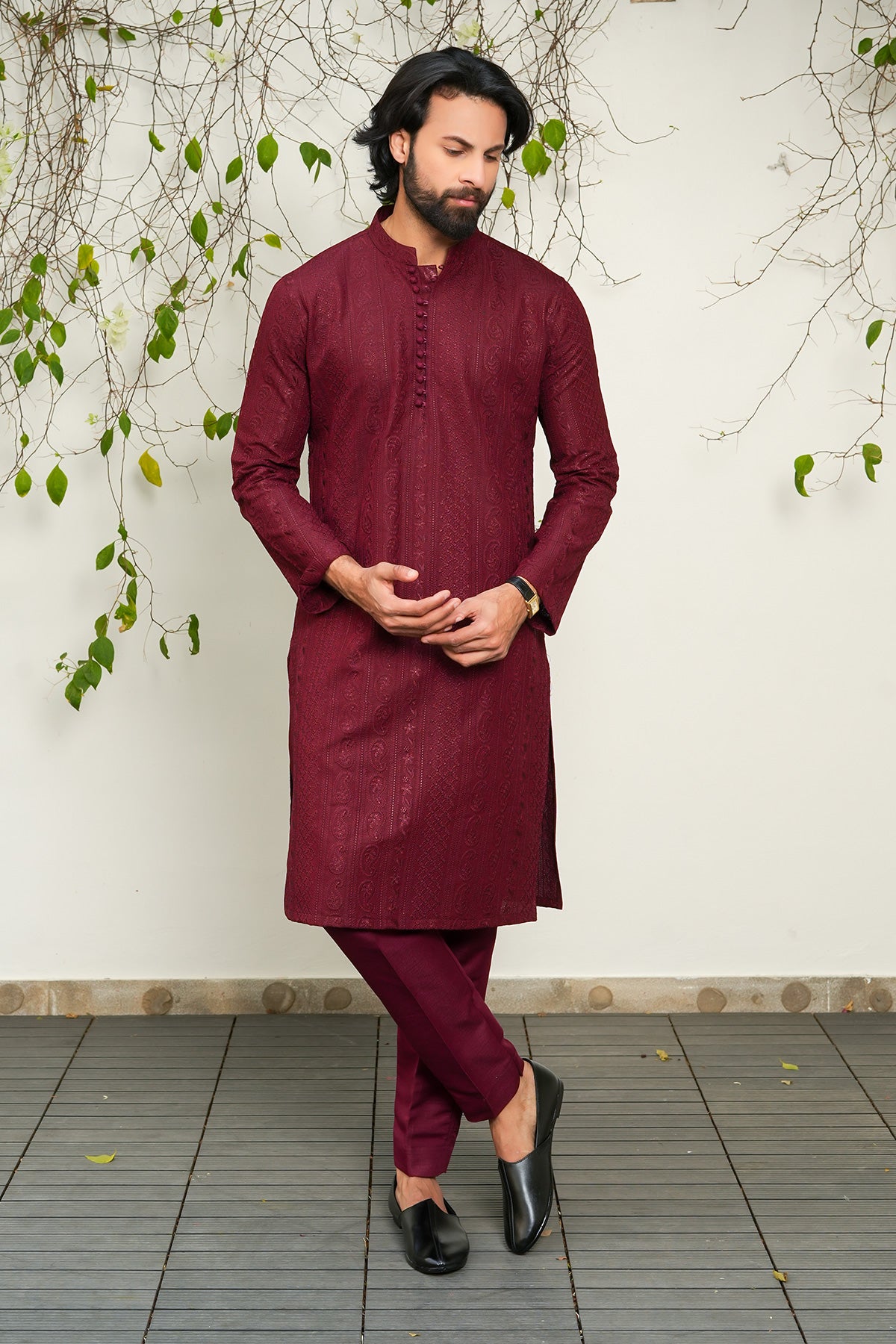 Maroon Self-Woven Masoori Kurta Pajama (2-Piece) - Image 1