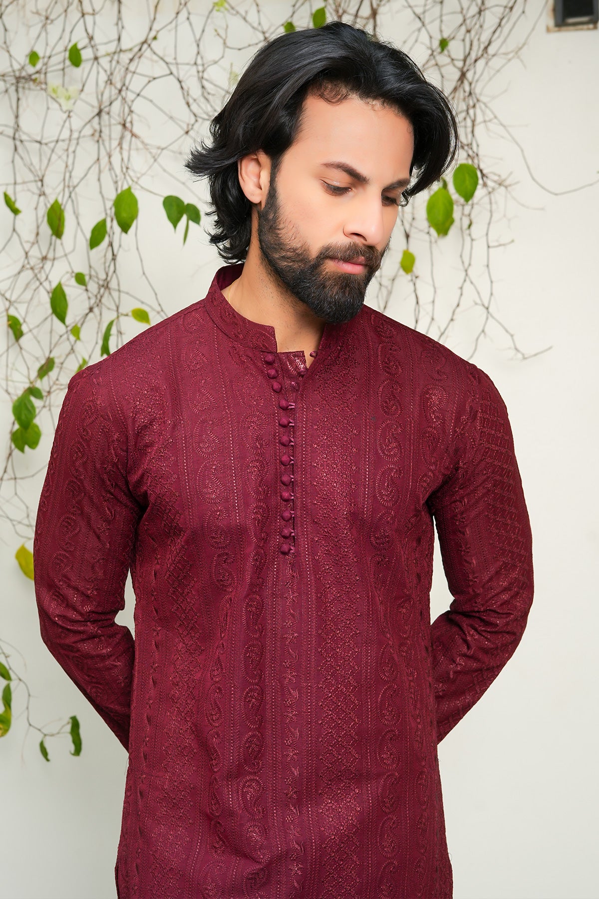 Maroon Self-Woven Masoori Kurta Pajama (2-Piece) - Image 2