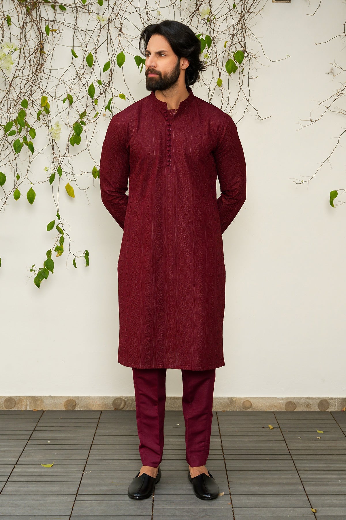 Maroon Self-Woven Masoori Kurta Pajama (2-Piece) - Image 3