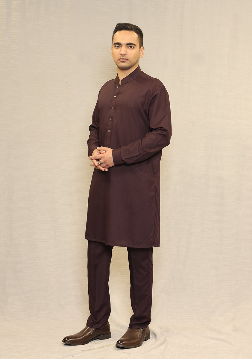 Wine Poly Viscose Slim Fit Kurta Pajama (2-Piece) - Image 2
