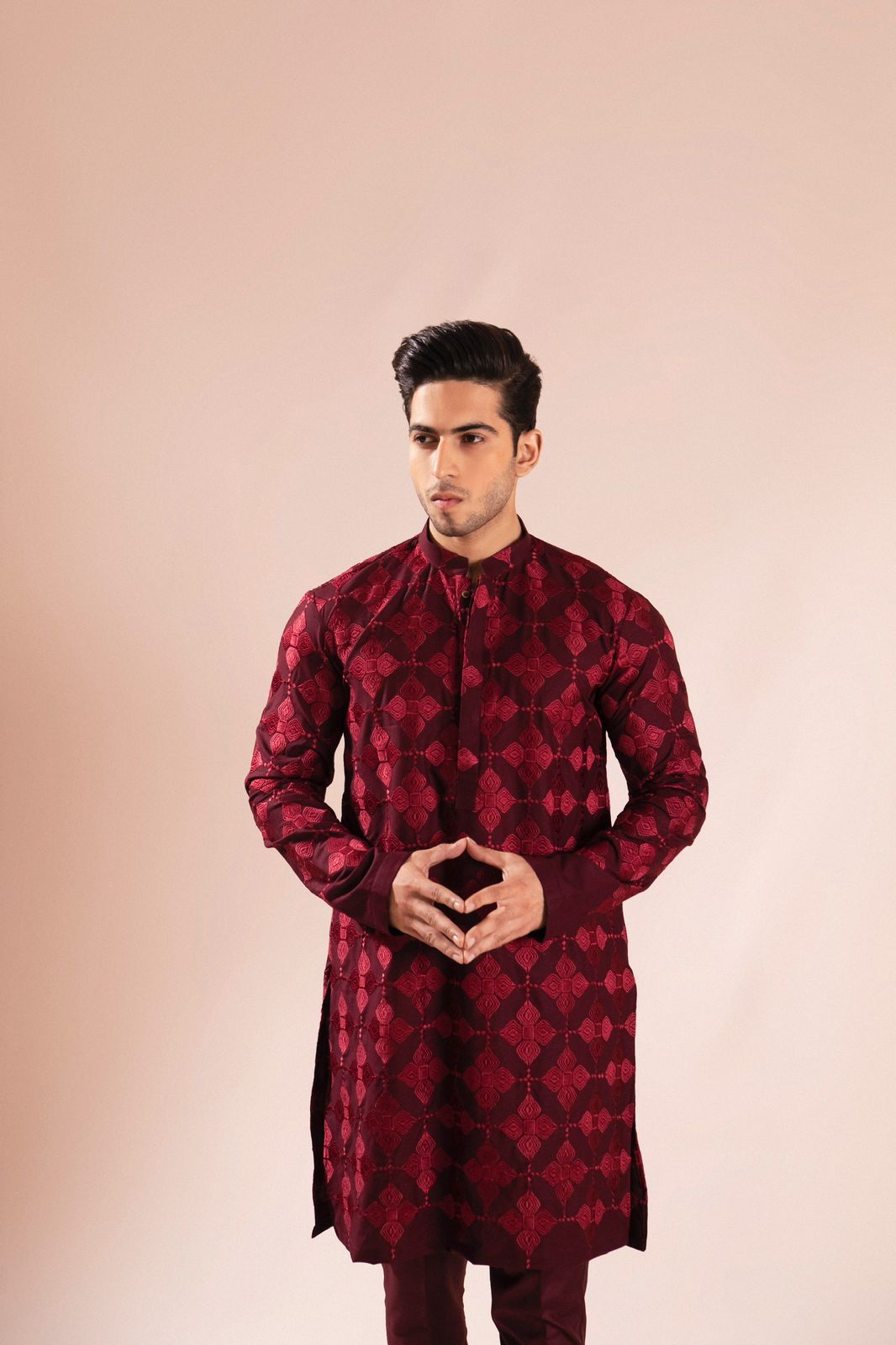 Maroon Thread-Embroidered Silk-Blend Kurta Pajama (2-Piece) - Image 2