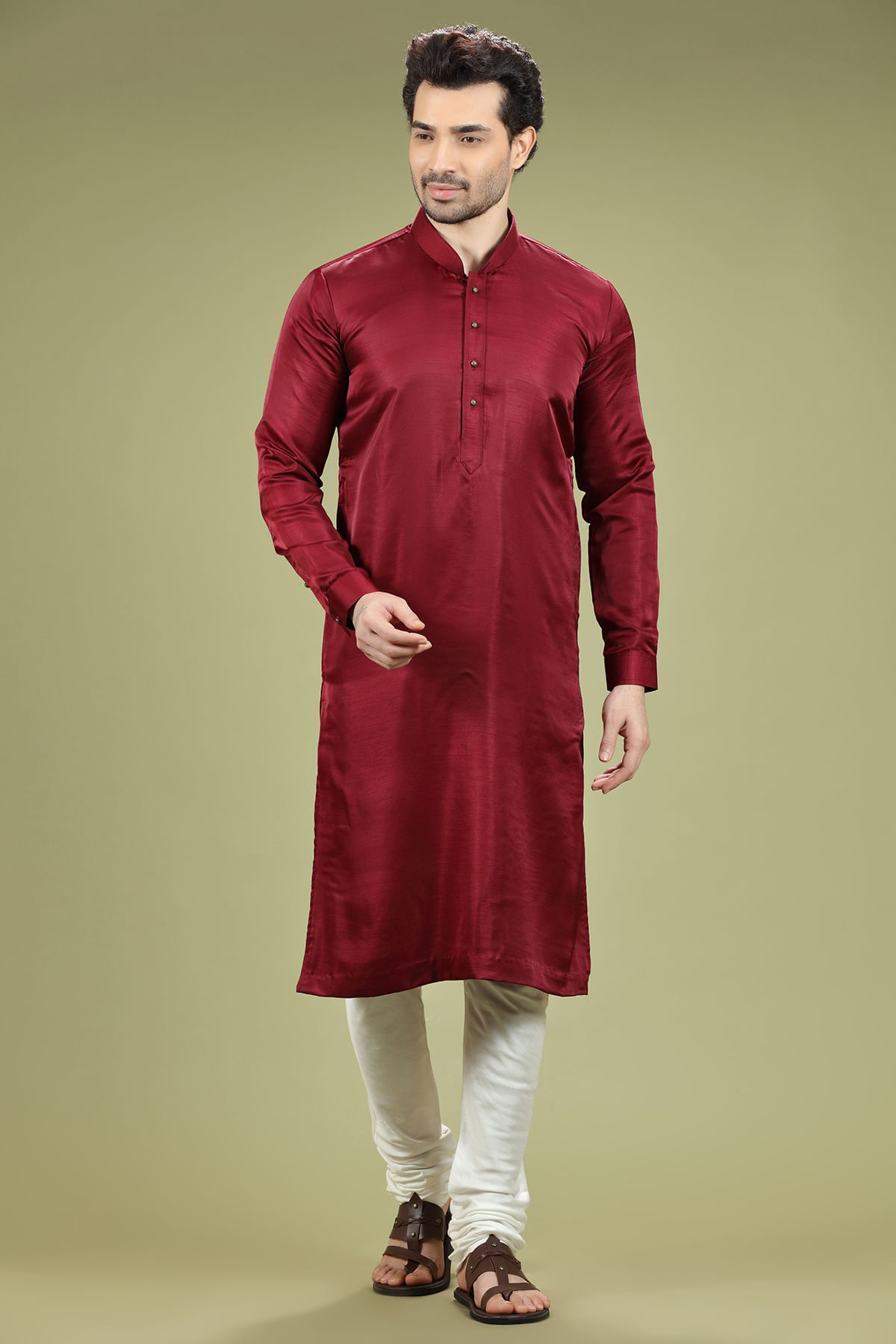 Wine Red Silk Kurta Pajama (2-Piece) - Image 1